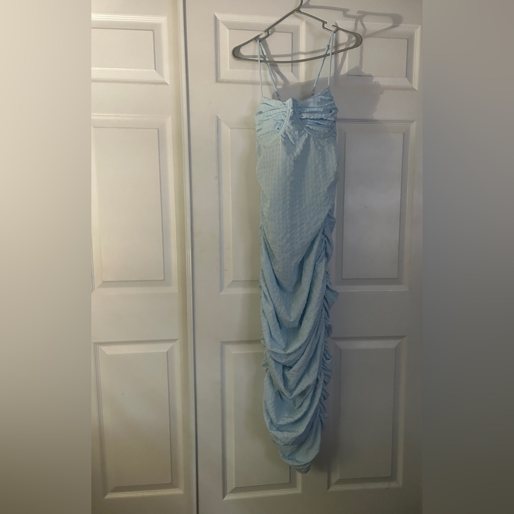 PLT sheer blue wedding guest maxi dress